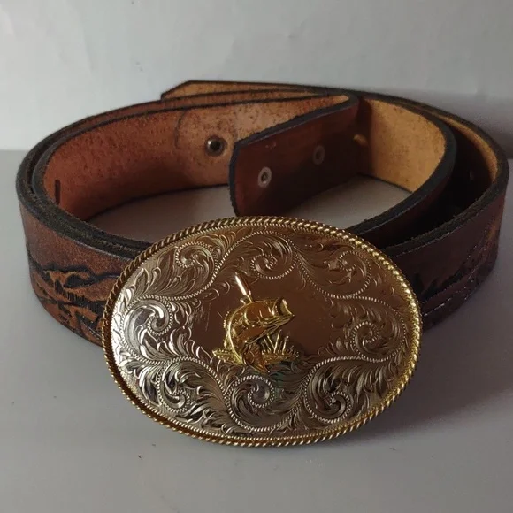MONTANA SILVERSMITHS western leather belt Grandpa embossed buckle removable - Picture 12 of 12